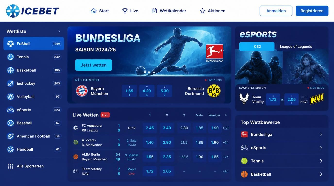 Sportwetten-Auswahl mit Bundesliga, eSports und Wettangebot auf deutsch