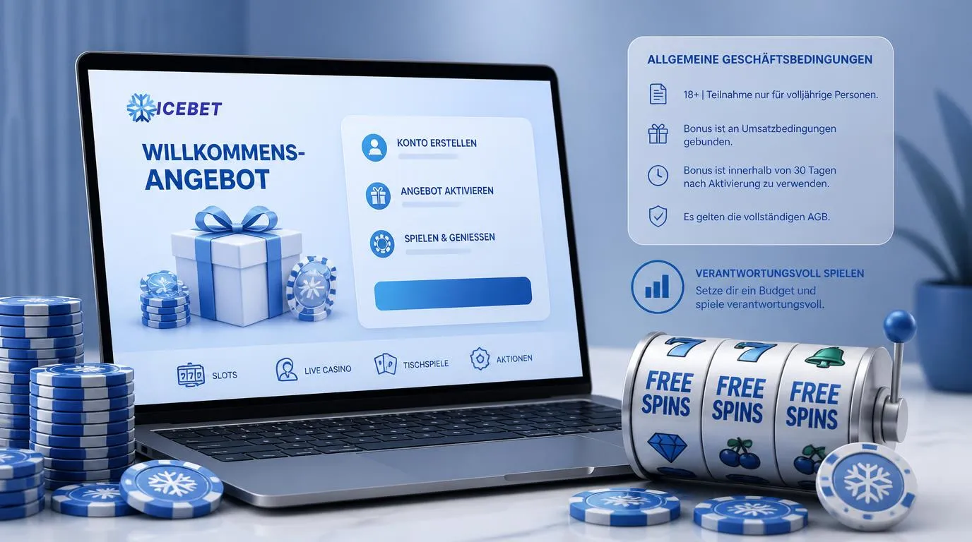 Illustration eines Casino-Einstiegsangebots mit Spielchips, Freispielen und einer übersichtlichen Bonusansicht