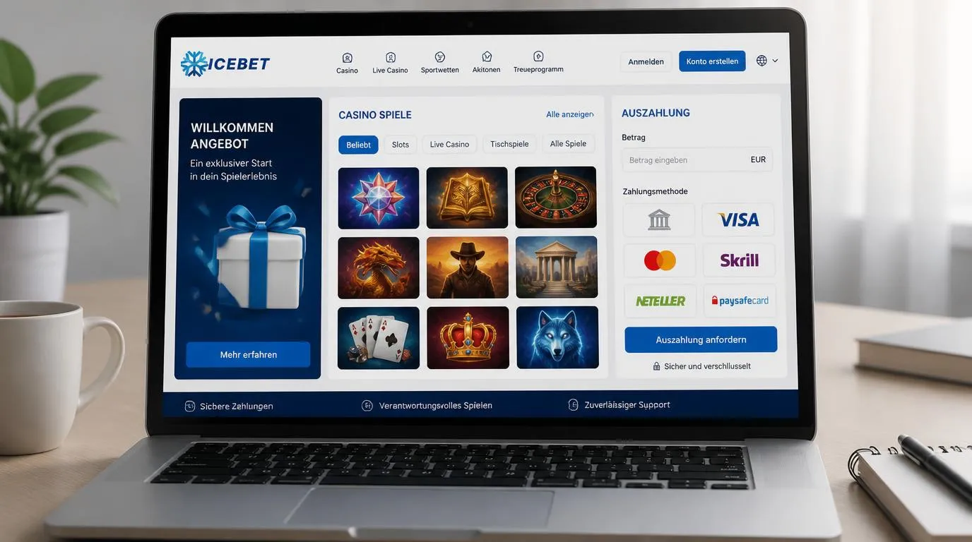 Casino-Oberfläche mit Willkommensangebot, Spielauswahl und Übersicht der Auszahlungsmethoden