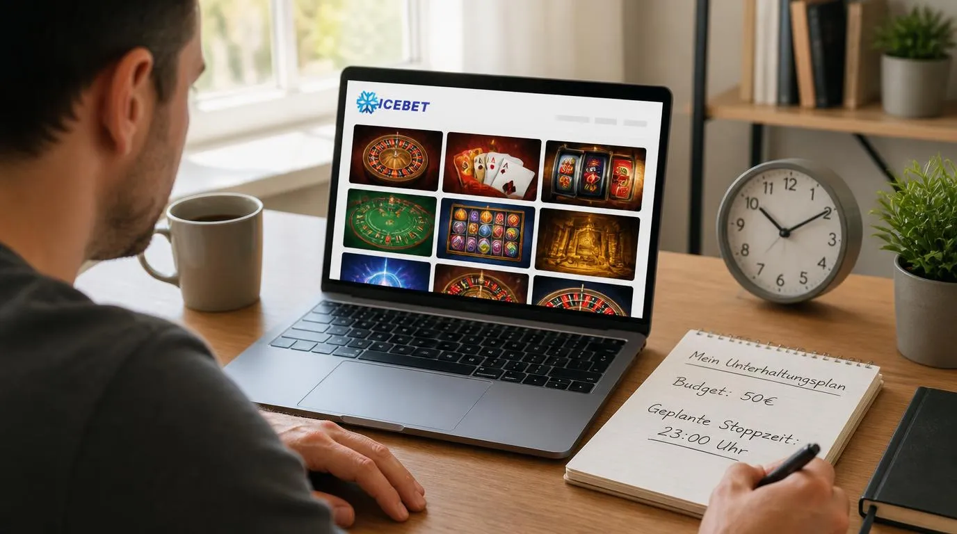 Casinospiele auf einem Laptop neben einer Uhr und einem Notizblock mit festgelegtem Freizeitbudget