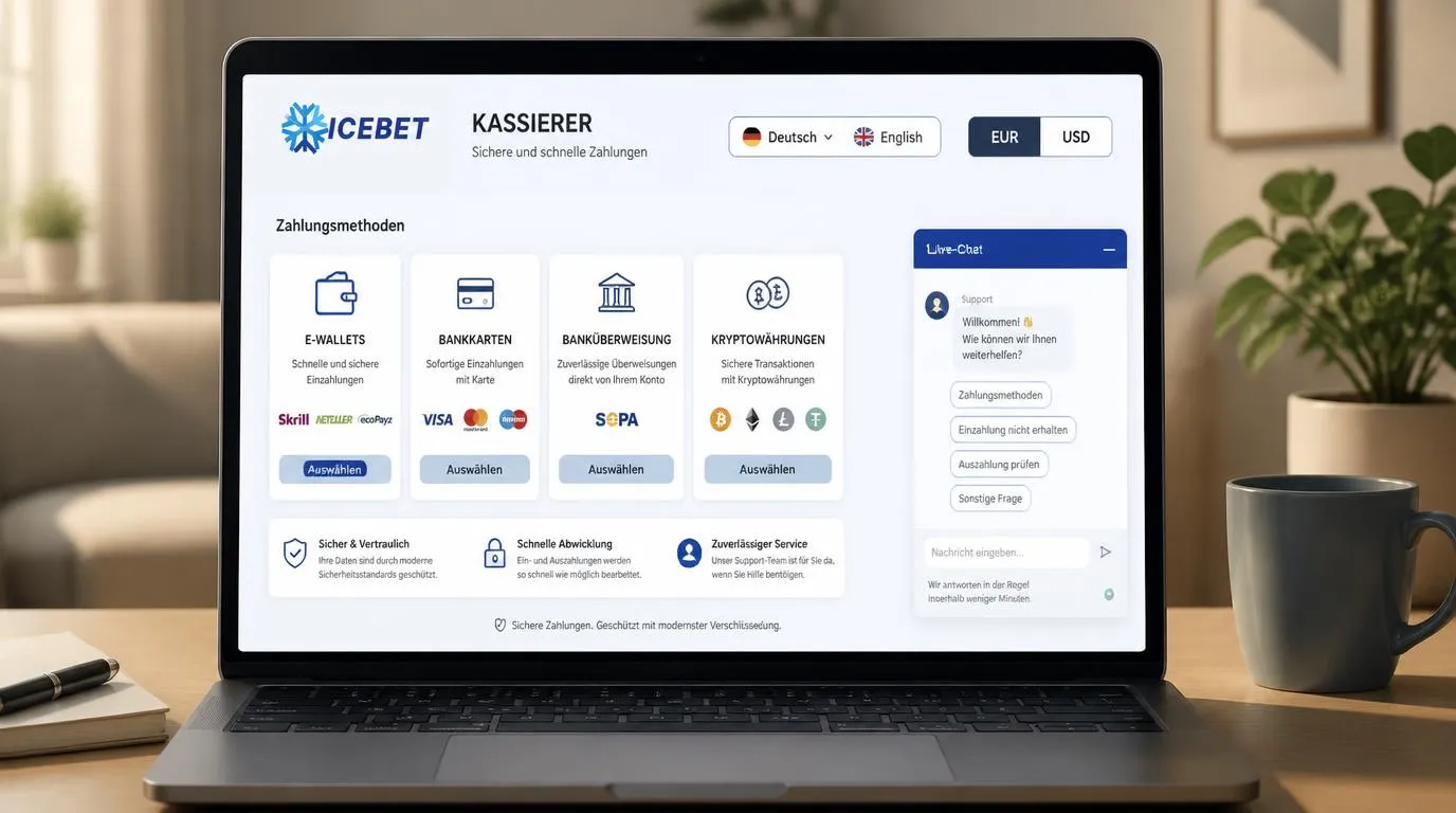 Casino-Kassenansicht mit Deutsch und Englisch, EUR und USD sowie Zahlungsarten und geöffnetem Live-Chat